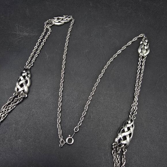 Silver Tone Layered Chain Necklace Woven Weave Stations Long Vintage - Picture 3 of 6